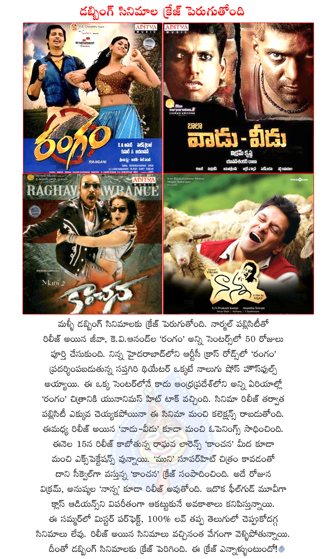 dubbing movies running well in telugu,rangam,vaadu veedu,kanchana,nanna,kanchana and nanna releasing on july 15th,kanchana tamil version releasing on july 22nd,dubbing movies collecting well,rangam got superhit talk  dubbing movies running well in telugu, rangam, vaadu veedu, kanchana, nanna, kanchana and nanna releasing on july 15th, kanchana tamil version releasing on july 22nd, dubbing movies collecting well, rangam got superhit talk